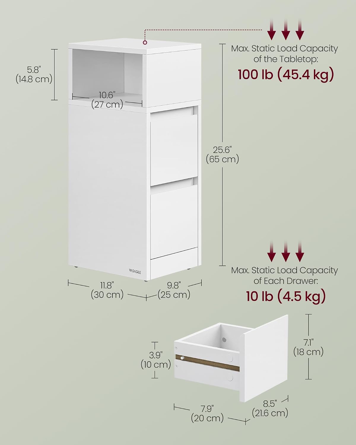VASAGLE Slim Bedside Table with Drawer