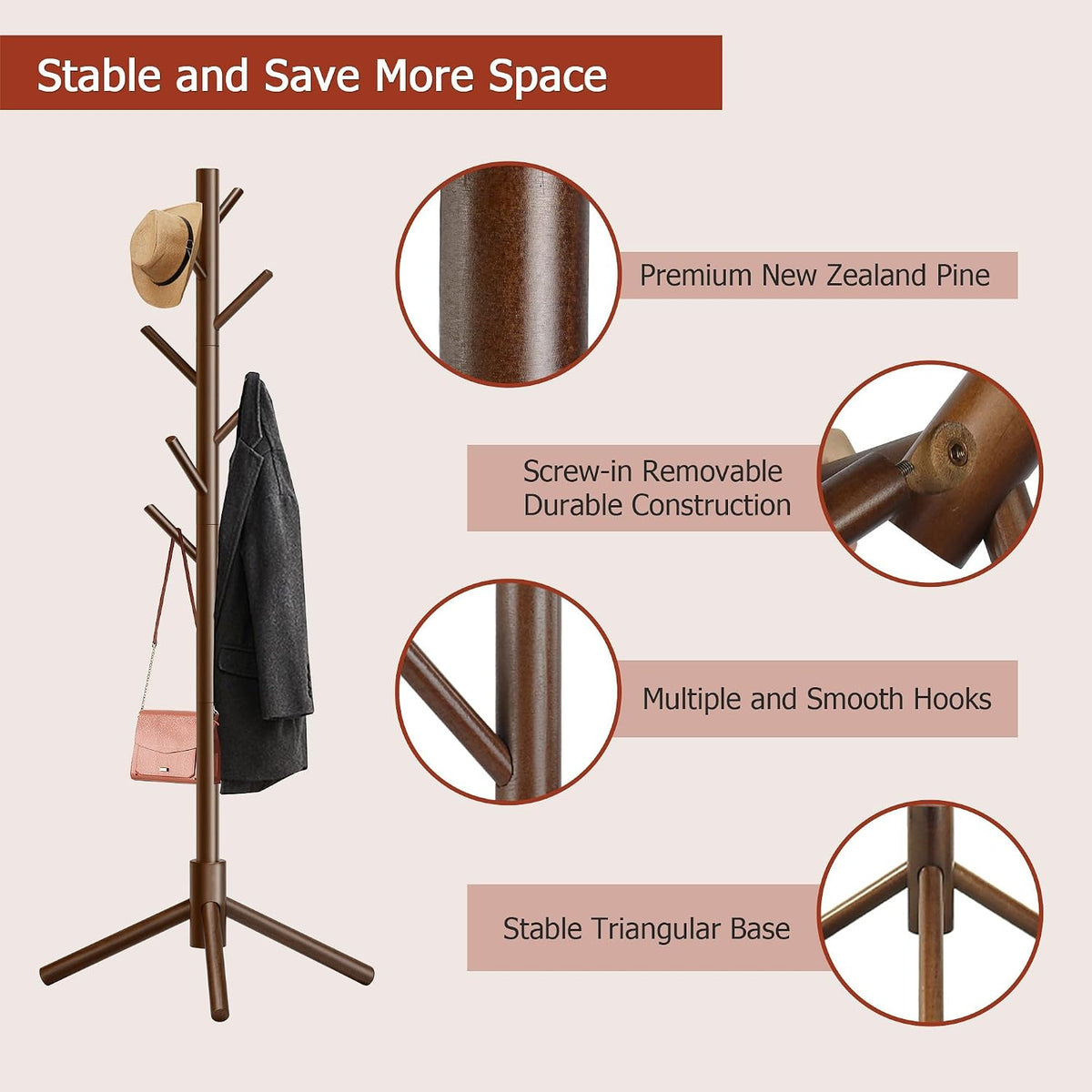 8-Hook Adjustable Coat Rack – Brown