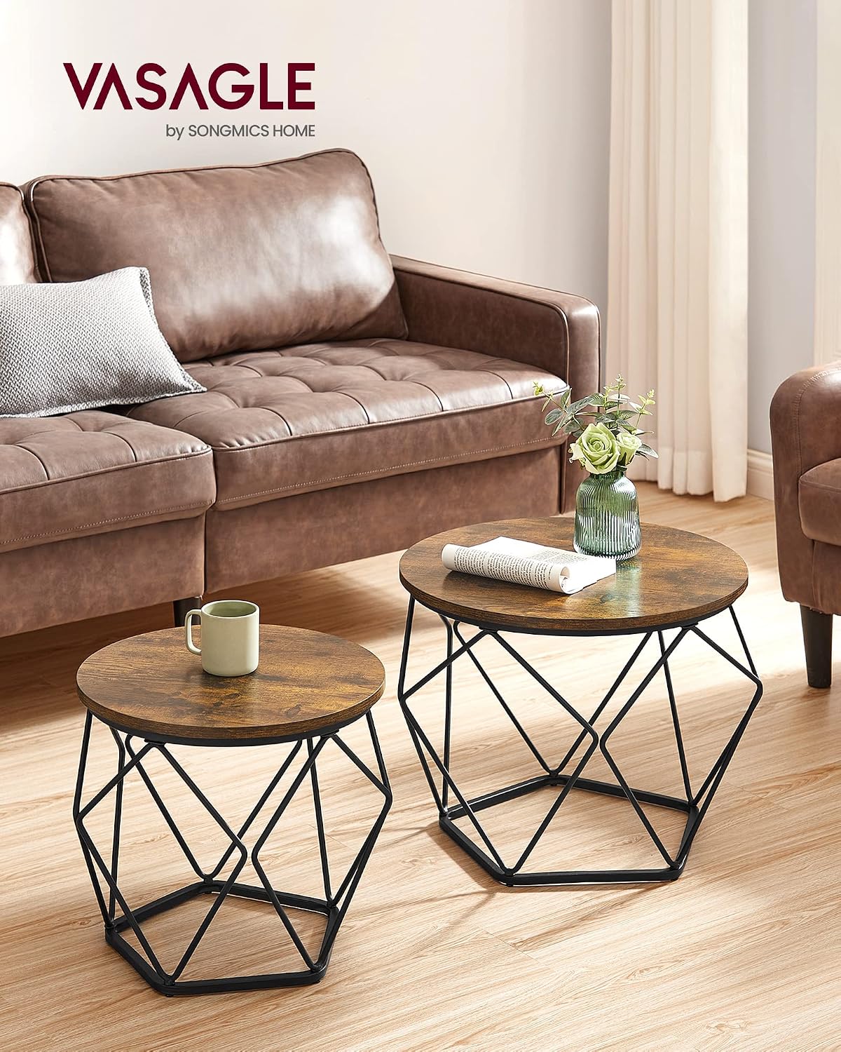 VASAGLE Set of 2 Side Tables – Rustic Brown & Black